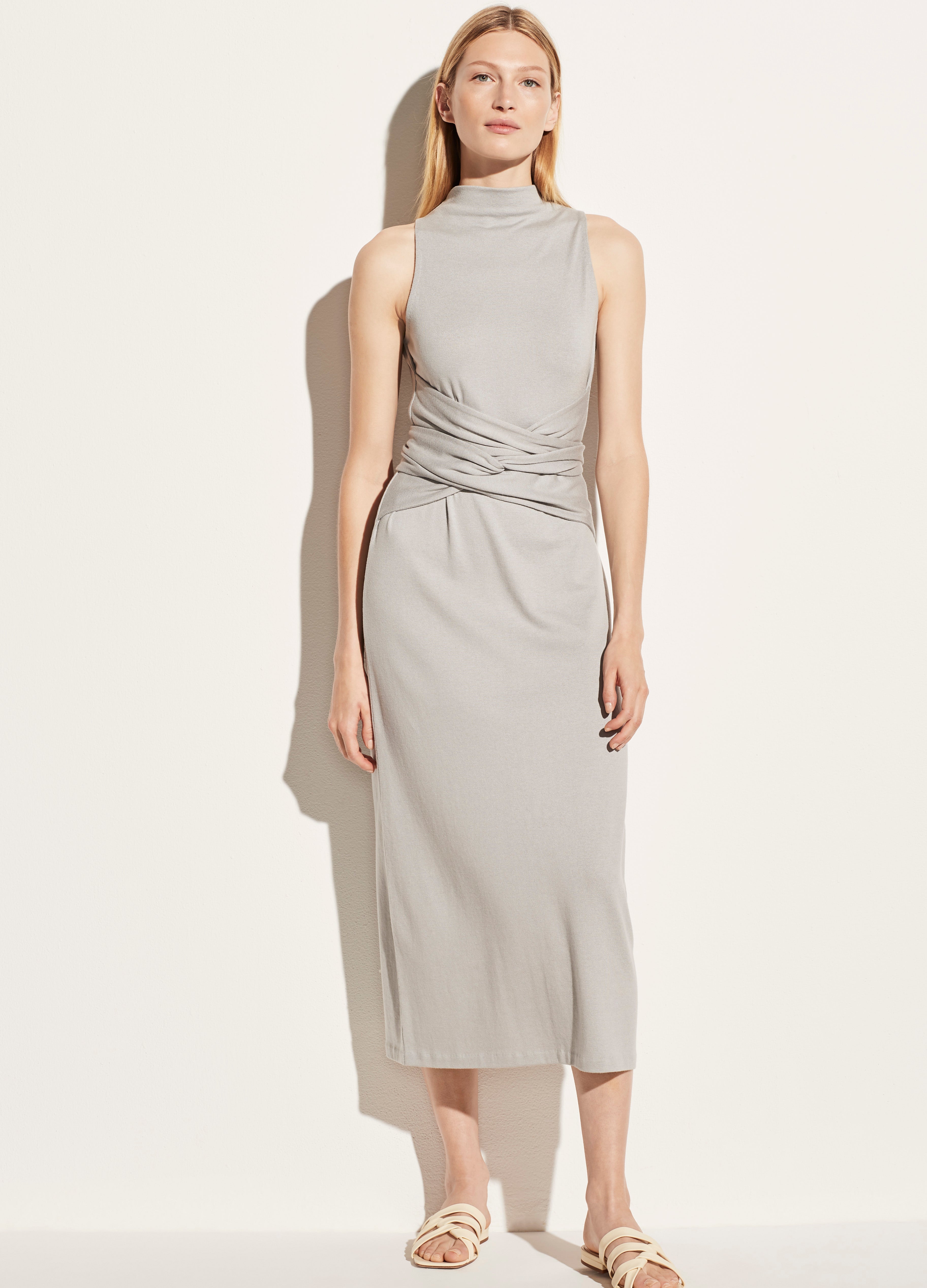 Vince | Sleeveless Wrap Dress in Fog | Vince Unfold